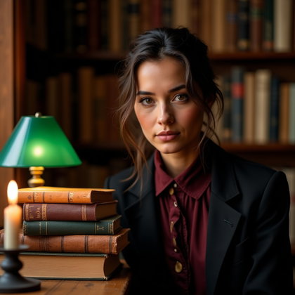 Dark Academia Library Poet Portrait example: Photorealistic portrait photography. Close-up portrait of a single subject seated beside a stack of worn poetry books, f