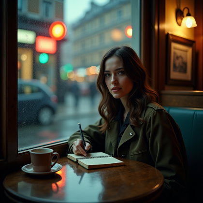 Melancholy Rainy Window Portrait example: Photorealistic portrait photography. Environmental portrait in a dim café window booth during rainfall, the subject seat