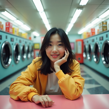 Photorealistic lifestyle selfie photo in a pastel-toned laundromat, chrome-front loaders spinning in the background and glossy checker tiles bouncing soft fluorescent light for an even, flattering glow; phone angled slightly low to keep the face central and crisp while rows of machines recede in pleasing perspective. Playful, flirt-forward expression with a casual lean against a folding table, contemporary streetwear layers (cropped jacket over a clean tee) and pops of color from detergent boxes and a snack vending machine completing a fresh, candid vibe.