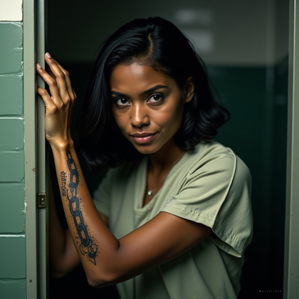 AI-generated photo: Photorealistic prison portrait photograph, medium close-up in a cramped cell doorway, the person lea...