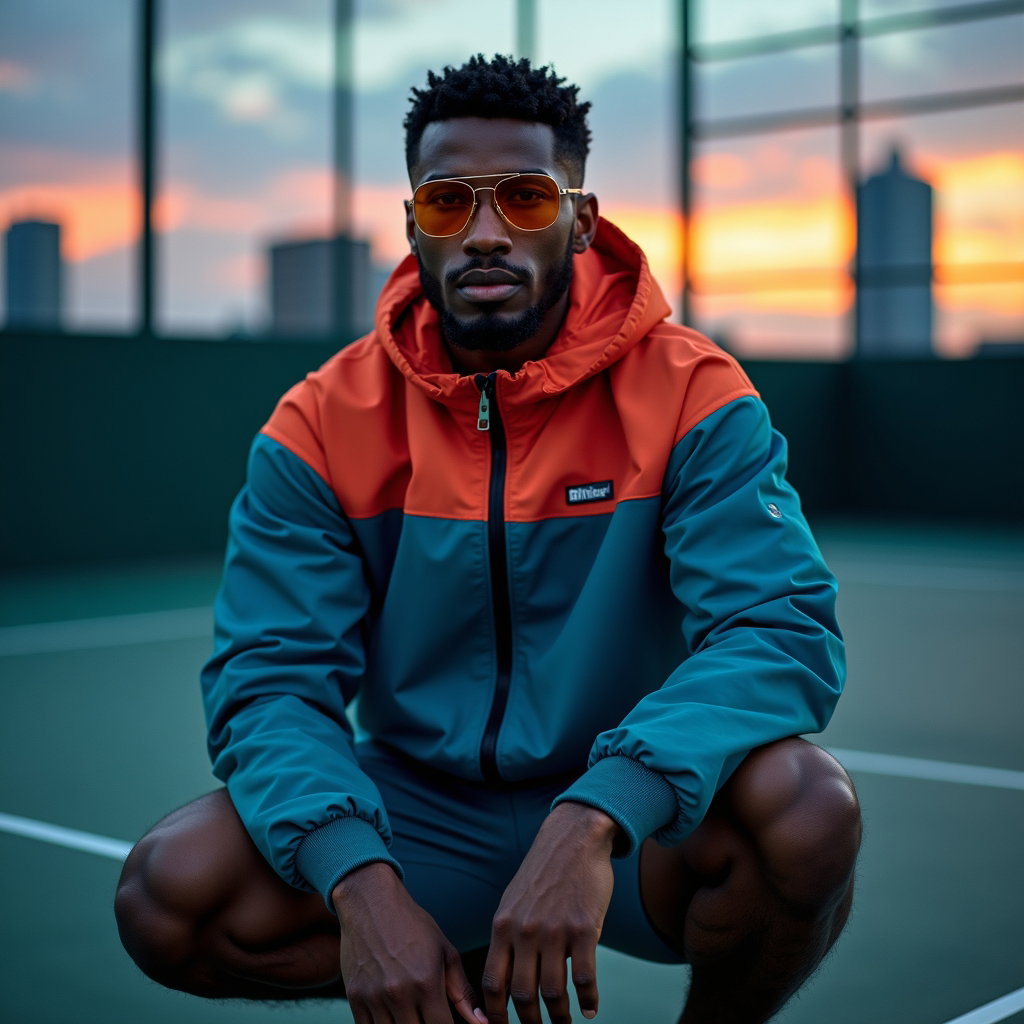 Edgy Street-Style Tenniscore Portraits example: Photorealistic fashion portrait photography. Environmental portrait on a rooftop tennis court at dusk, the subject seate