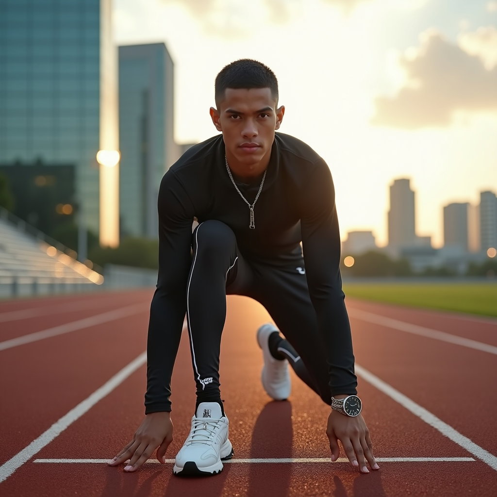 AI-generated photo: Photorealistic fashion sports photography capturing a cinematic pre-start ritual sequence on the tra...