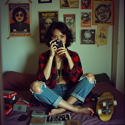 AI-generated photo: Disposable camera flash portrait of a mirror self-portrait in a cramped grunge bedroom, with the sub...