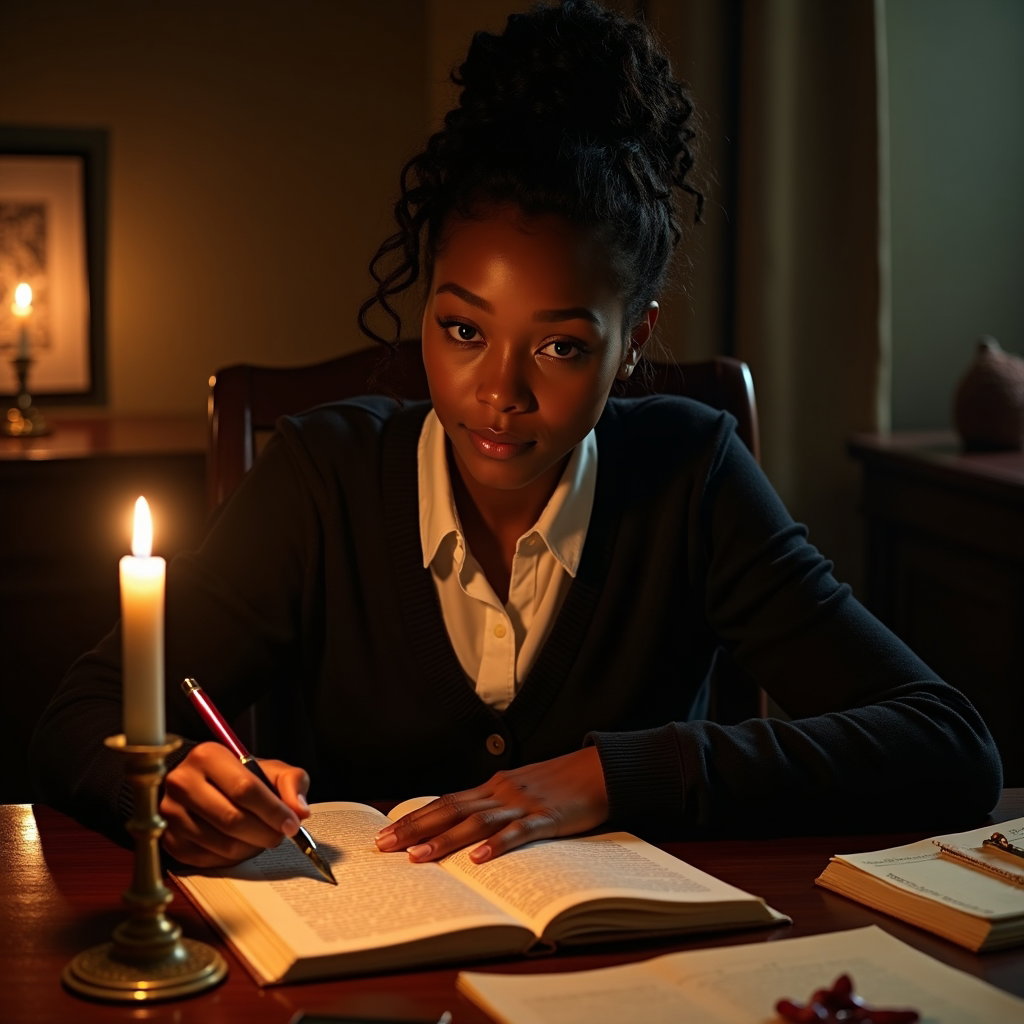 Candlelit Desk: Cinematic candlelit desk portrait with the subject half-turned in the chair, one hand holding a marked page and the other near a fountain…