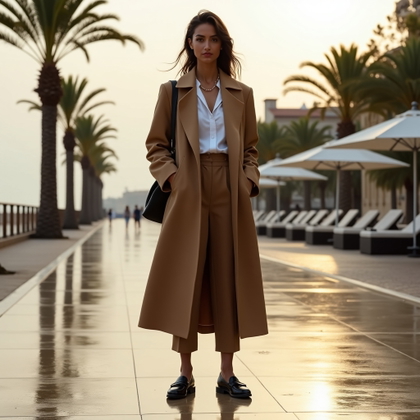 Off-Season Riviera Portraits With Cozy Coastal Style example: Photorealistic fashion portrait photography. Full-body portrait on an empty Riviera promenade after light rain, standing