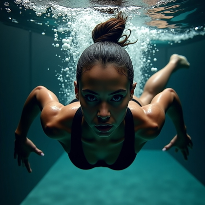AI-generated photo: Photorealistic underwater portrait photography. The subject is depicted mid-kick in a powerful, fier...