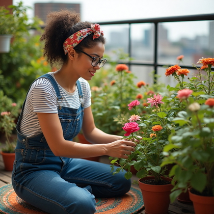 AI-generated photo: Lifestyle photo of a woman passionately tending to a vibrant urban garden on her apartment balcony, ...