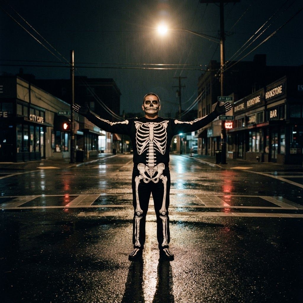 Skeleton Under a Streetlight: Wide, full-body shot at a deserted city intersection after rain.