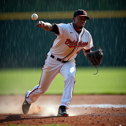 AI-generated photo: Photorealistic sports photography. Medium action portrait of an infielder ranging up the middle in a...