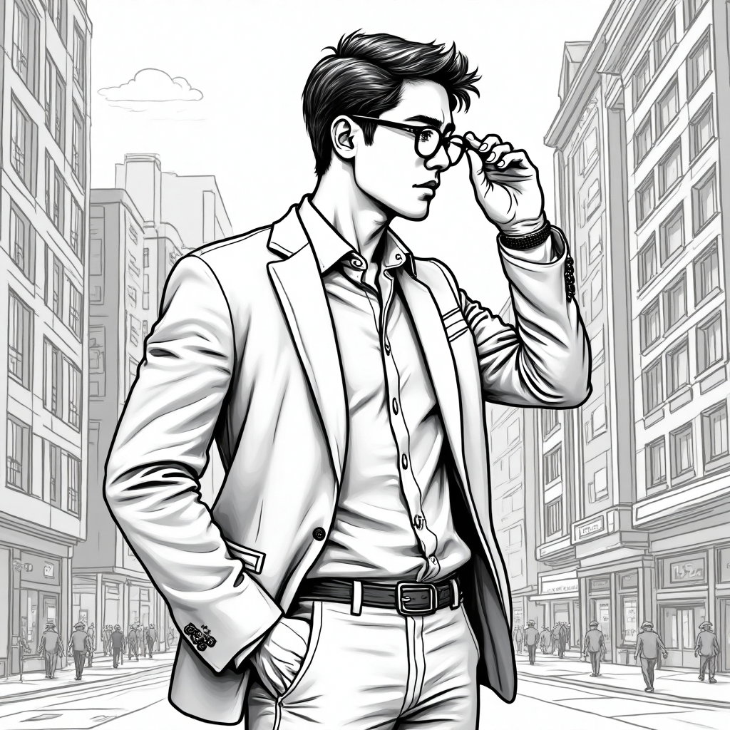 AI-generated photo: Photorealistic line art profile portrait set in a bustling cityscape, featuring a 32-year-old Asian ...