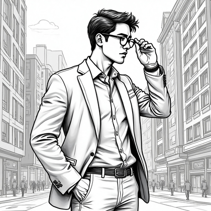 AI-generated photo: Photorealistic line art profile portrait set in a bustling cityscape, featuring a 32-year-old Asian ...