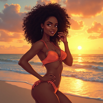 AI-generated photo: **Photorealistic line art profile portrait in a vibrant beach setting during sunset. Capture the war...