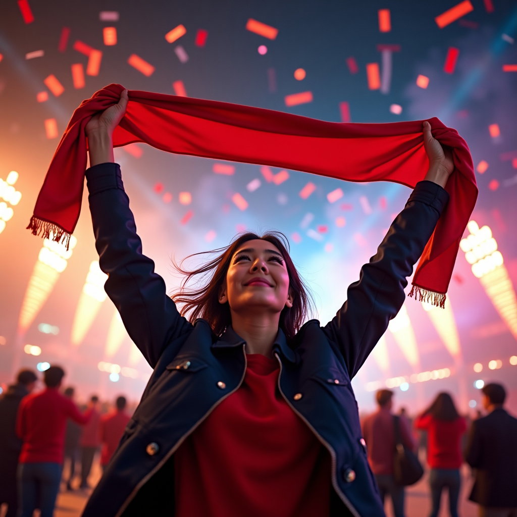 Heritage and Diaspora World Cup Fan Portraits example: Photorealistic action portrait photography. A single fan is captured mid-celebration, lifting a scarf overhead while con