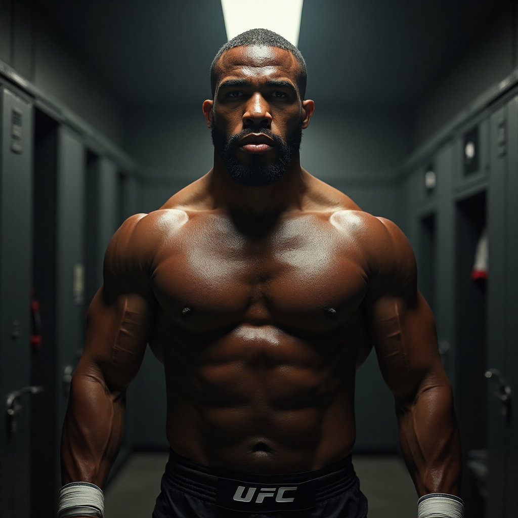 AI-generated photo: **Professional photorealistic portrait.** Capture the raw intensity of a UFC fighter moments before ...
