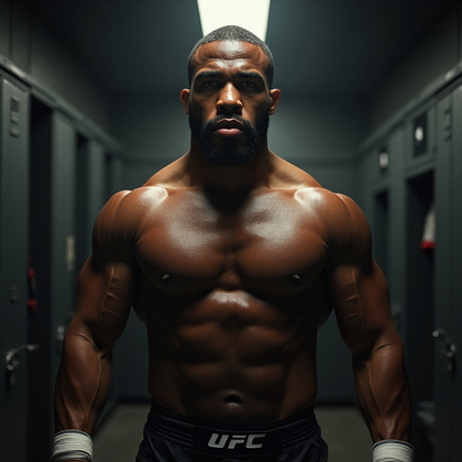 AI-generated photo: **Professional photorealistic portrait.** Capture the raw intensity of a UFC fighter moments before ...