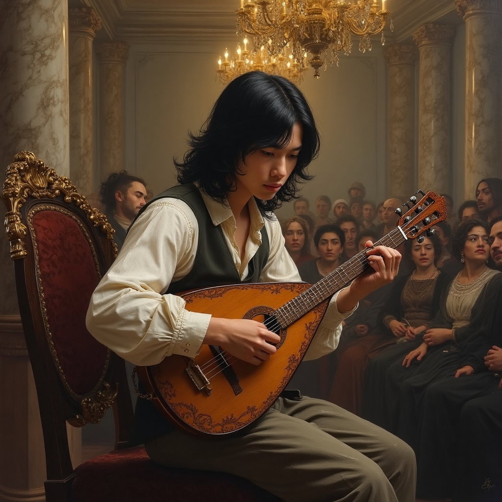 AI-generated photo: Renaissance oil painting. An atmospheric portrayal of a young musician performing in the grand hall ...