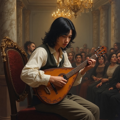 AI-generated photo: Renaissance oil painting. An atmospheric portrayal of a young musician performing in the grand hall ...