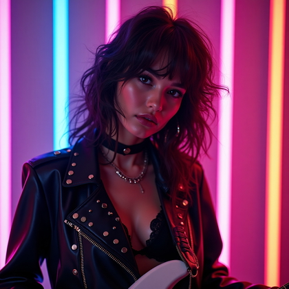 AI-generated photo: Photorealistic 1980s glam rock studio portrait photograph on a laser-grid backdrop, styled with stud...