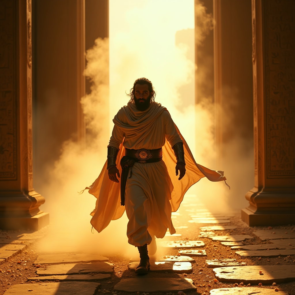 Solo Oracle-Blessed Hero Portrait example: Cinematic mythological portrait photography. Motion/action portrait of a solo hero striding through luminous oracle smok