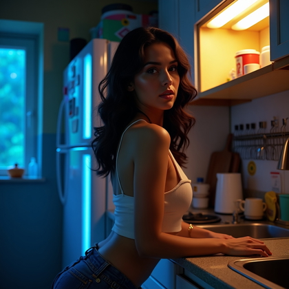 AI-generated photo: Photorealistic beauty portrait photograph captured in a small kitchen late at night, with the subjec...