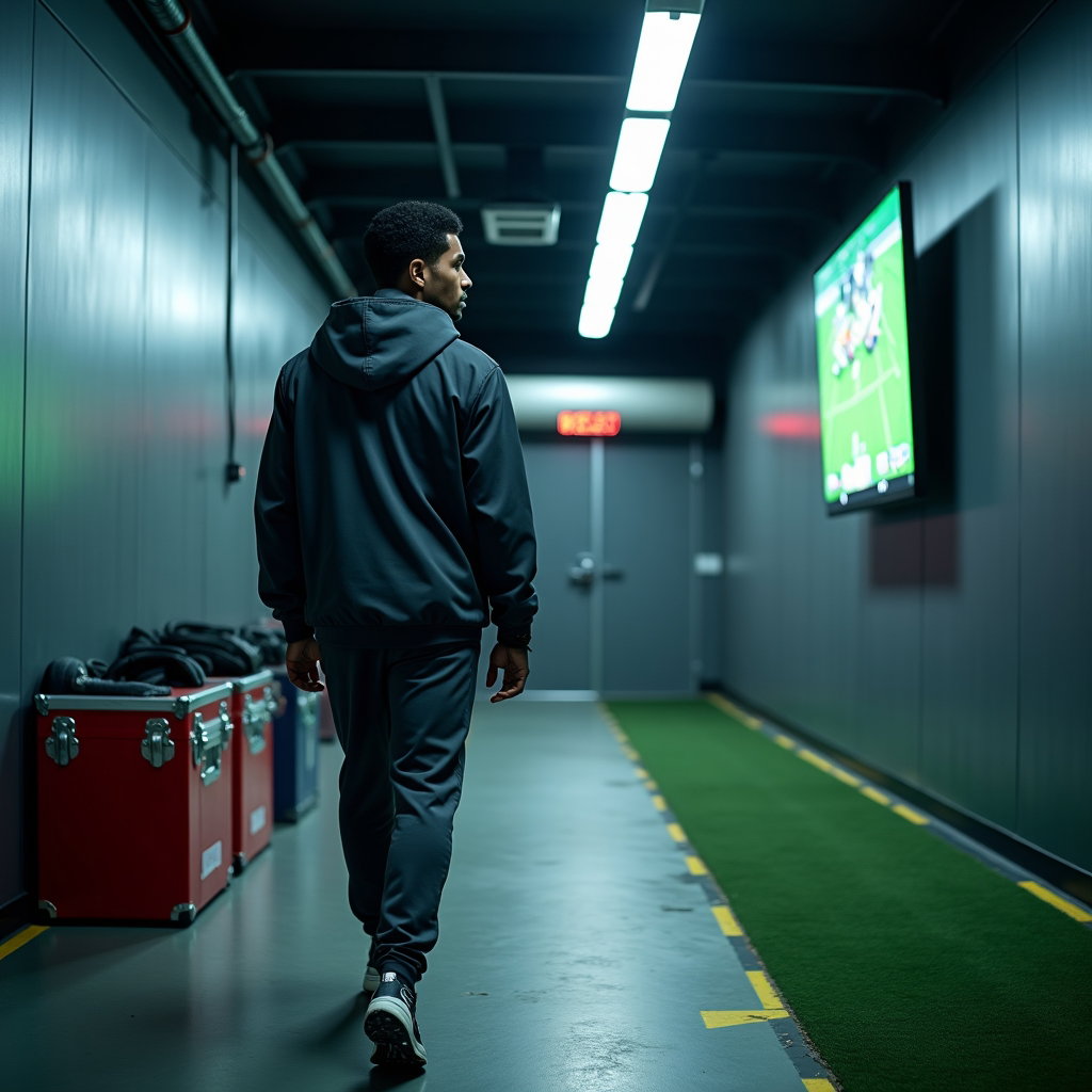 AI-generated photo: Photorealistic professional sports photography of a solo rookie mid-walk glancing toward a wall-moun...