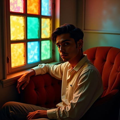 AI-generated photo: Photorealistic editorial portrait photograph with a stained-glass window frame gobo projecting color...