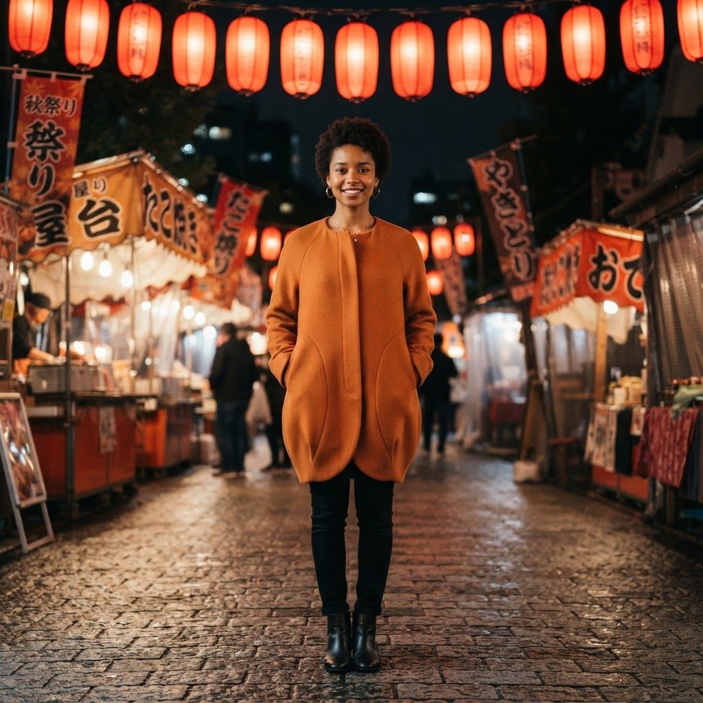 Cocoon Coat in a Night Market: Photorealistic, head-to-toe street-style portrait at an autumn night market.