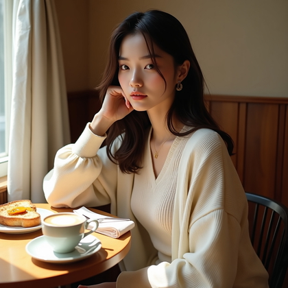AI-generated photo: Photorealistic lifestyle fashion photography. A cozy Japanese café morning scene with the subject se...