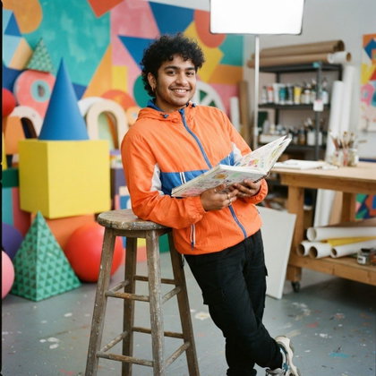 A single subject leaning casually against a studio stool, holding a sketchbook against a color-block orange windbreaker. Oversized geometric props and a painted backdrop fill the creative workspace. Bright softbox lighting, a slightly off-center waist-up composition, and a playful pop-art editorial style.