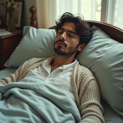 Romantic Close-Up With Loose Hair and Tired Eyes example: Dating profile photo, environmental portrait in an old apartment bedroom with unmade linen sheets, scattered letters, an