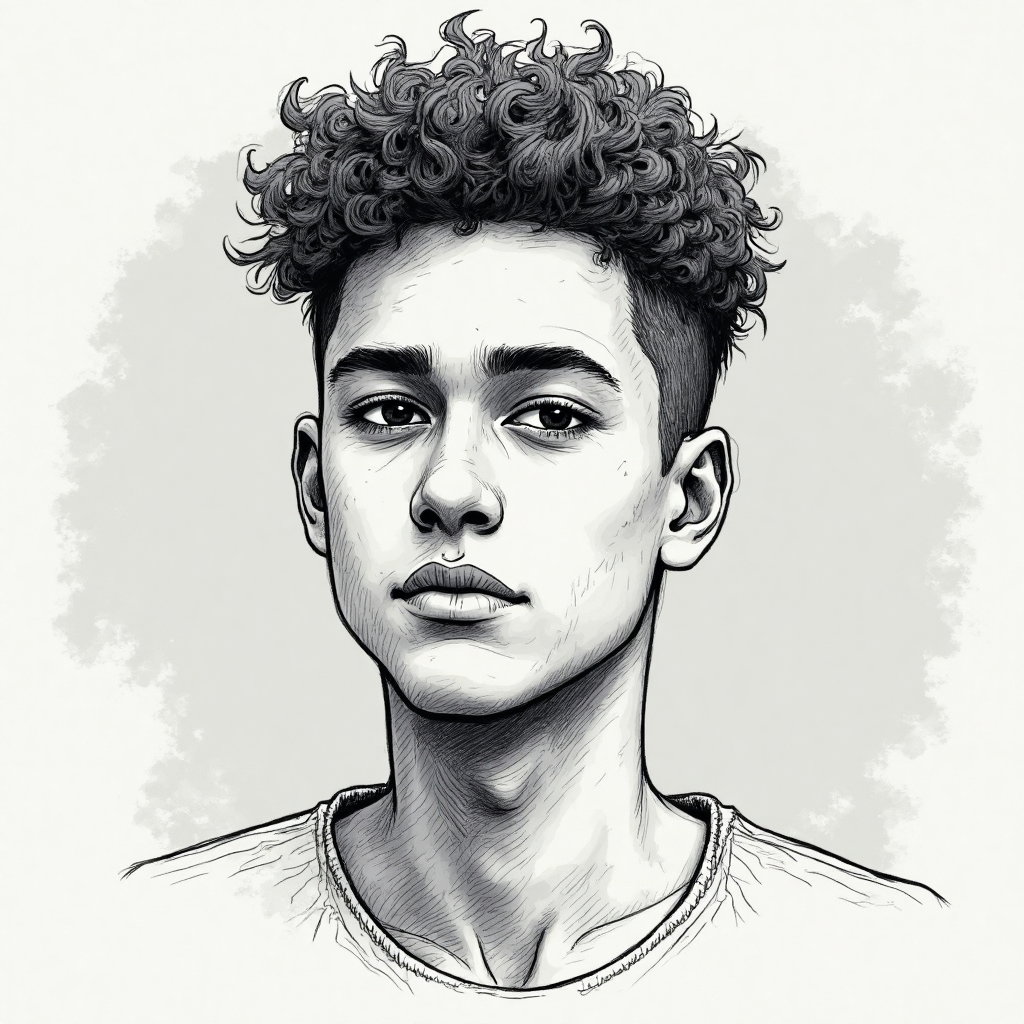 AI-generated photo: Line art illustration. Design an intricate avatar focusing on a young man with a contemplative expre...