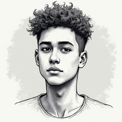 AI-generated photo: Line art illustration. Design an intricate avatar focusing on a young man with a contemplative expre...