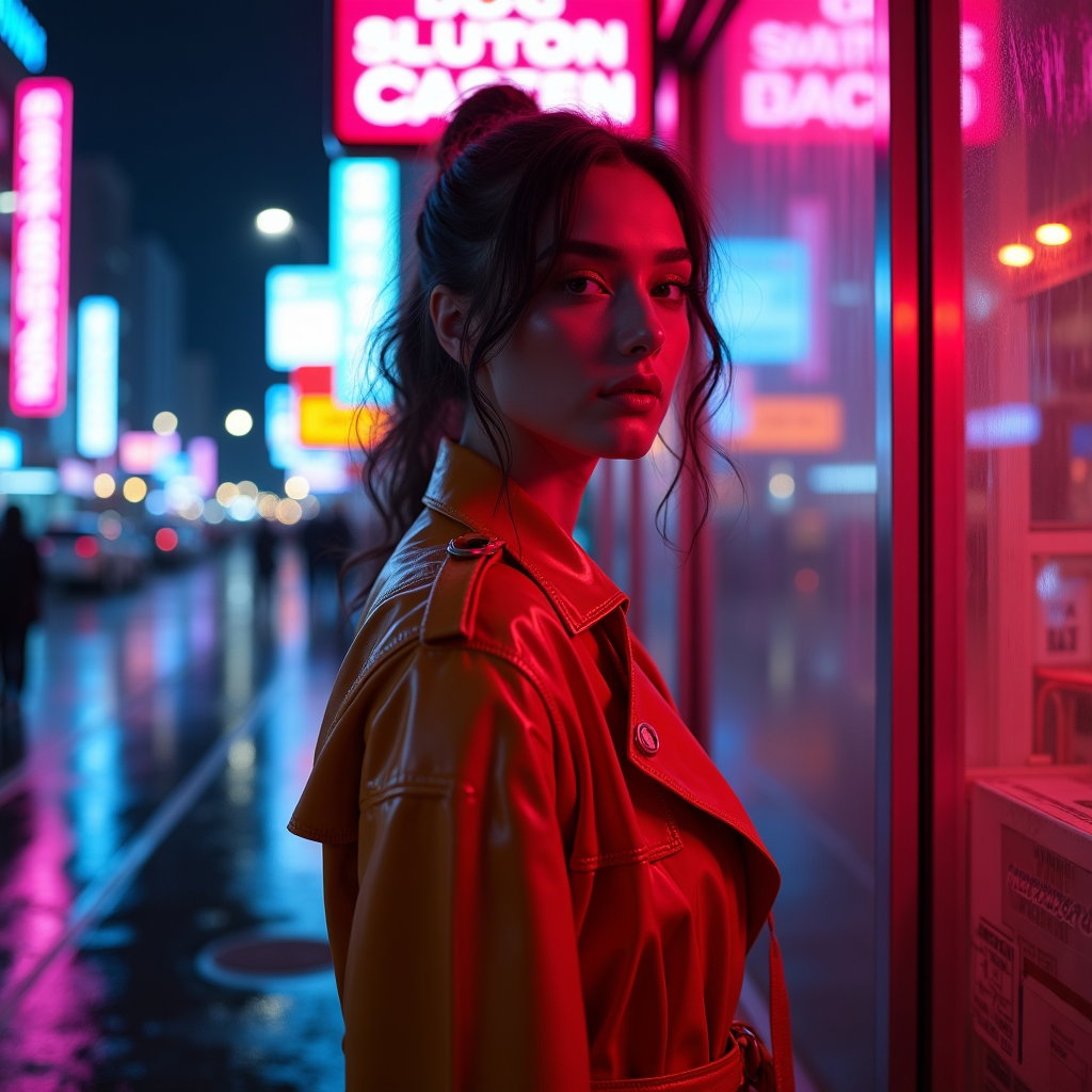 Neon Electropop Album Cover Portraits example: Photorealistic neon electropop album cover portrait. Environmental portrait in a rain-slick nighttime city scene, standi