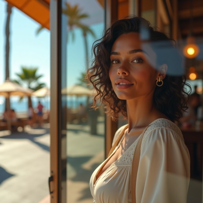 Sunlit Seaside Promenade Portraits example: Photorealistic vacation portrait. Creative reflective portrait using a boutique window or polished scooter mirror on the