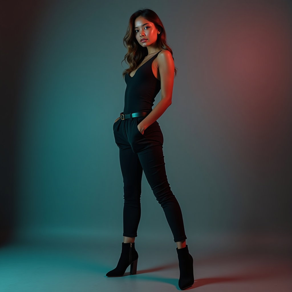 AI-generated photo: Photorealistic studio portrait. The subject stands in a full-body pose against a seamless backdrop, ...