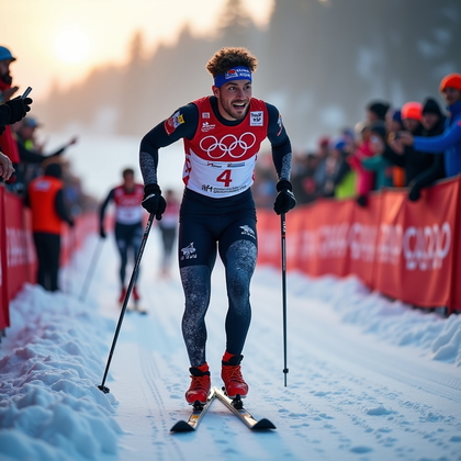 AI-generated photo: Photorealistic sports photography, vertical image at the mixed relay tag zone for a cross-country sk...