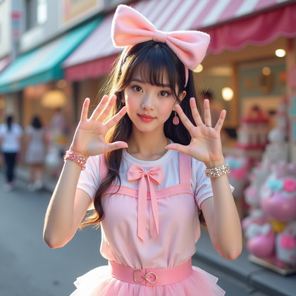 AI-generated photo: Fashion editorial photography, a kawaii solo portrait in a pastel Harajuku street corner with oversi...