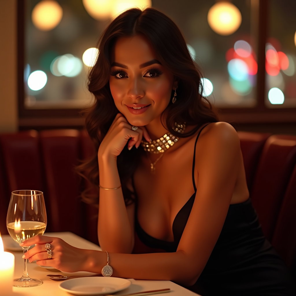 Glam Birthday Beauty Portraits for Makeup, Hair, and Details example: Photorealistic environmental portrait. Glamorous birthday dinner setting with the subject seated at a stylish restaurant