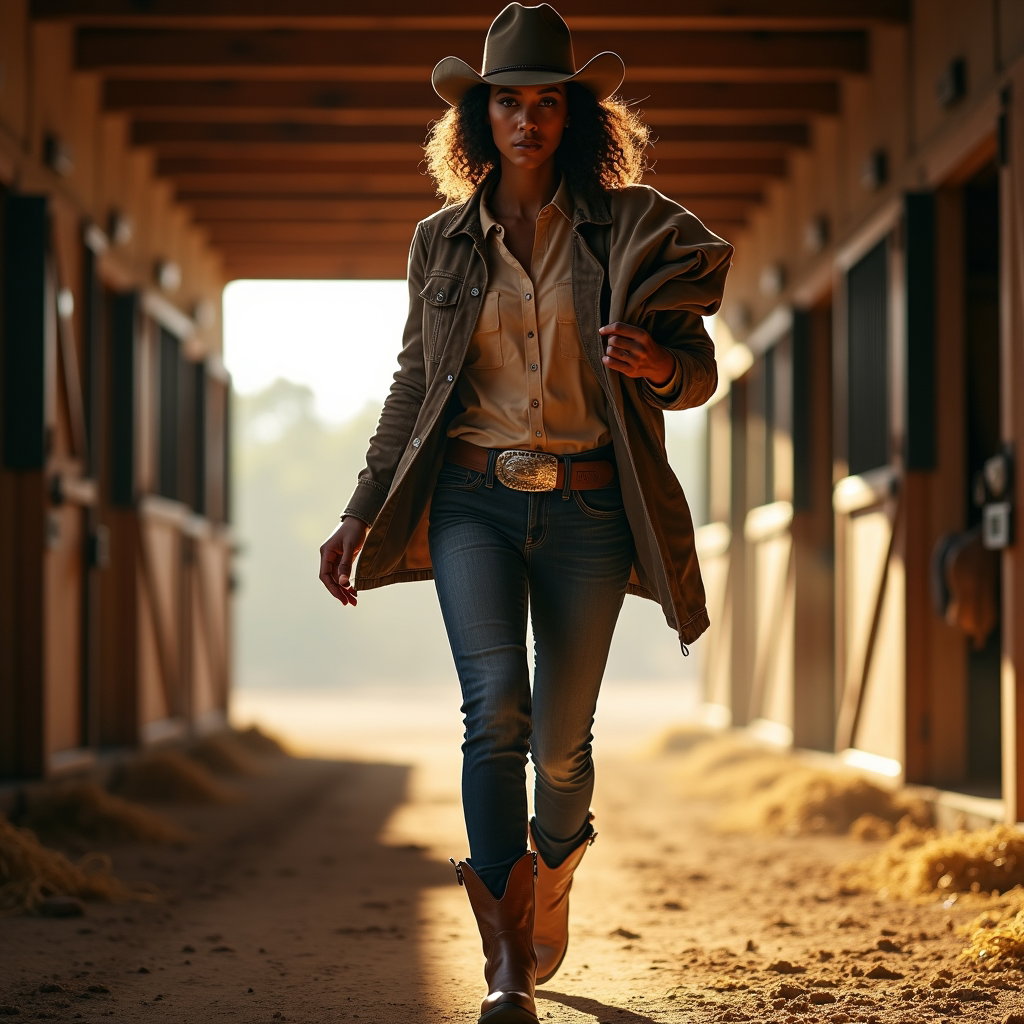 AI-generated photo: Photorealistic fashion photography. A dramatic cowboy workwear action portrait is staged in a horse ...