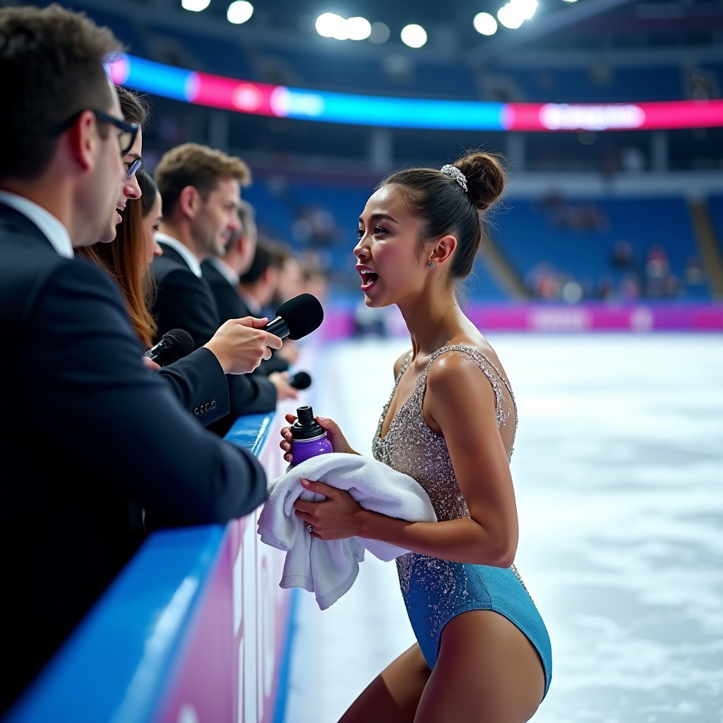 AI-generated photo: Photorealistic sports photography, wide-angle shot in the mixed zone, capturing a figure skater just...