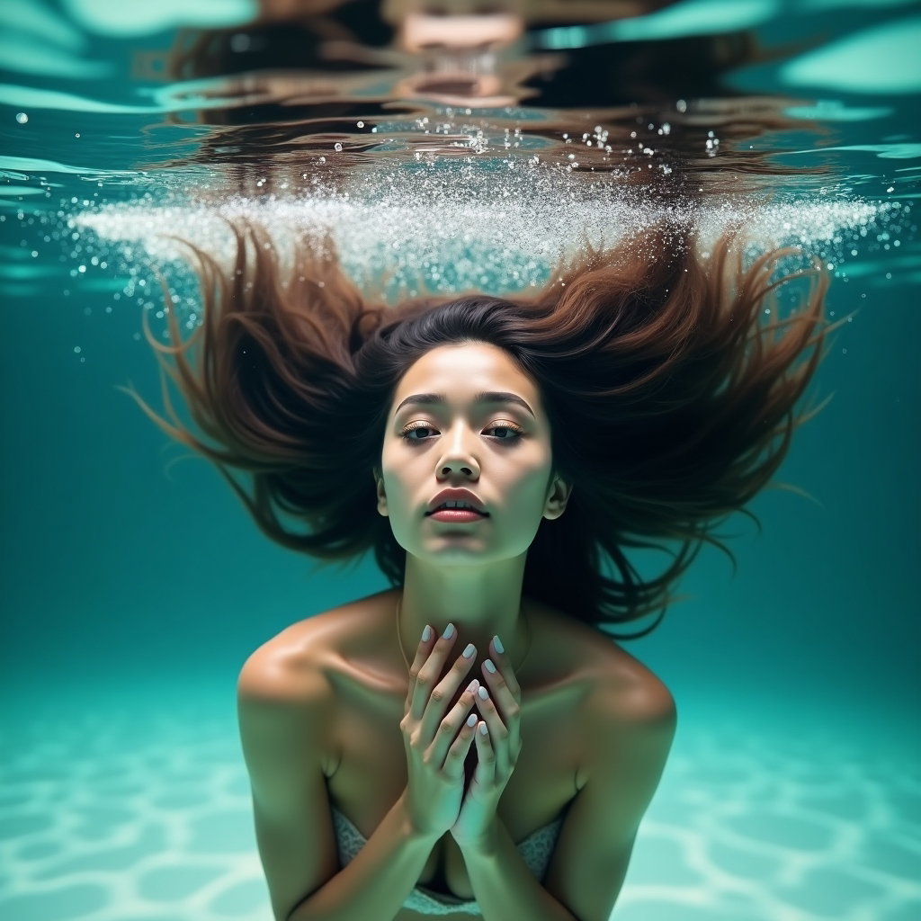 AI-generated photo: Photorealistic underwater portrait photography, captured from slightly above and in front as the sub...
