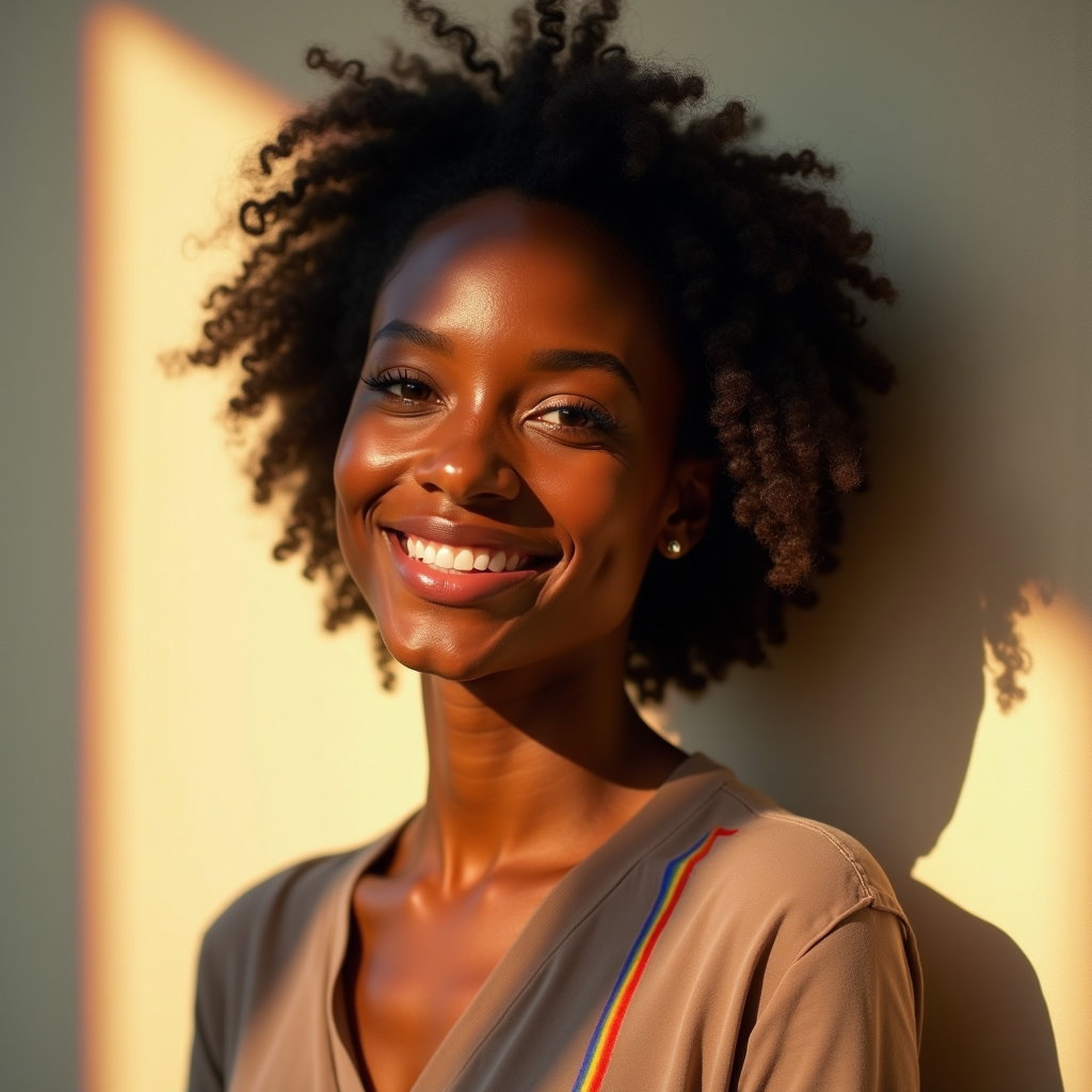 Natural Pride Portraits That Avoid Prop Overload example: Photorealistic portrait photography. Tight close-up portrait in open shade beside a plain wall with a soft rainbow refle