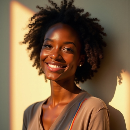 Natural Pride Portraits That Avoid Prop Overload example: Photorealistic portrait photography. Tight close-up portrait in open shade beside a plain wall with a soft rainbow refle