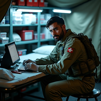 AI-generated photo: Photorealistic military medical specialist in a forward aid station, wearing tactical medical gear a...