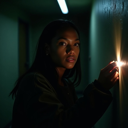 Flashlight-in-the-Dark Hallway Portrait example: Cinematic horror portrait photo cropped for a profile/avatar image, showing the subject’s face clearly in a tight square