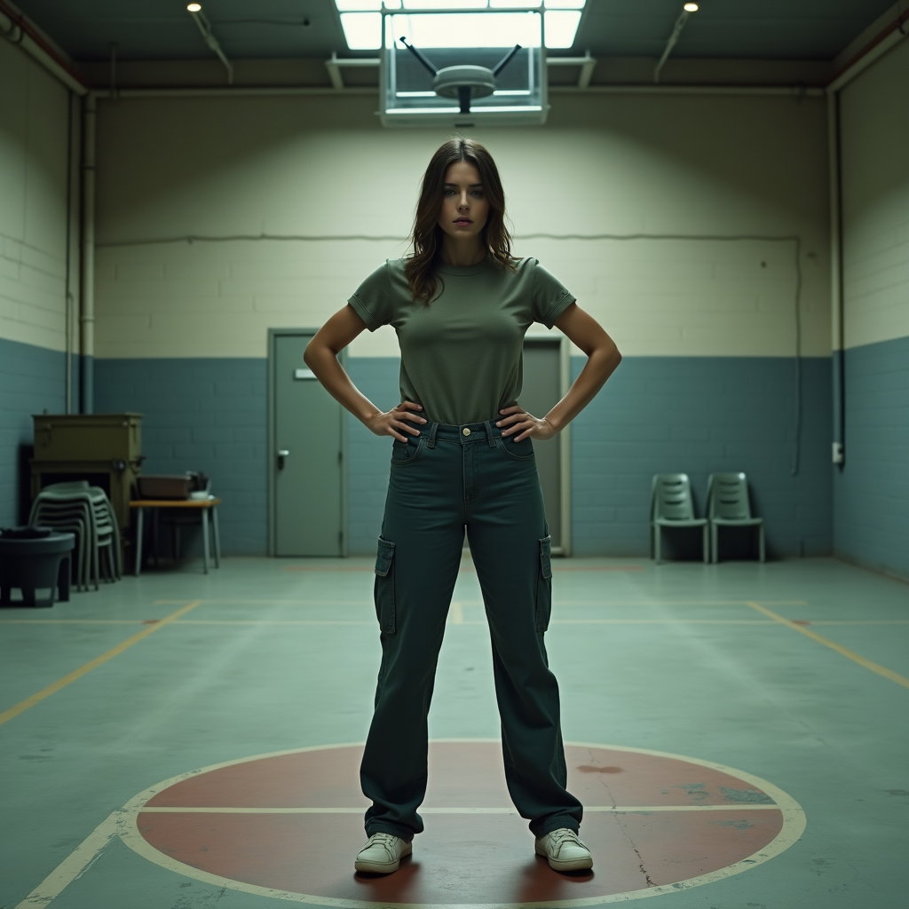AI-generated photo: Photorealistic prison photography, full-body shot in an empty concrete recreation room, subject stan...