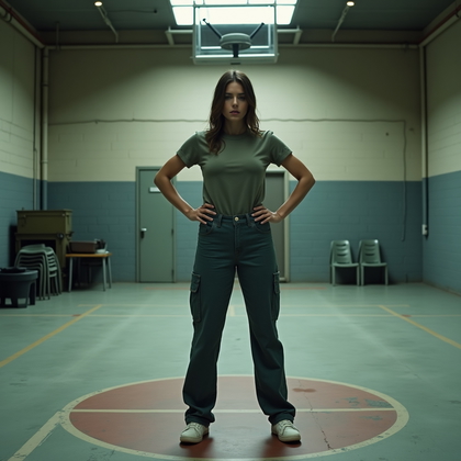 AI-generated photo: Photorealistic prison photography, full-body shot in an empty concrete recreation room, subject stan...