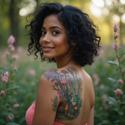 AI-generated photo: Photorealistic photography of a woman displaying a whimsical fairy tale tattoo on her shoulder. The ...