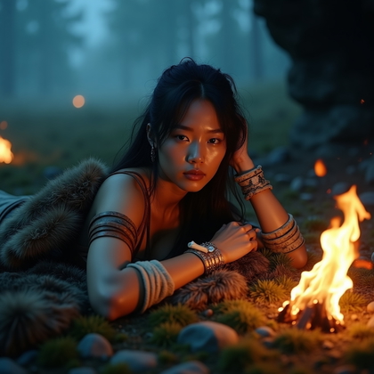 AI-generated photo: Photorealistic fashion-editorial photography in a forest-edge clearing before a cave at blue-hour tw...