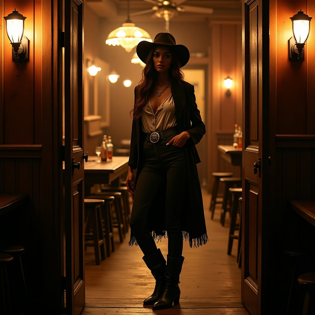 AI-generated photo: Photorealistic fashion portrait photography. A dramatic saloon doorway portrait at night, with the s...